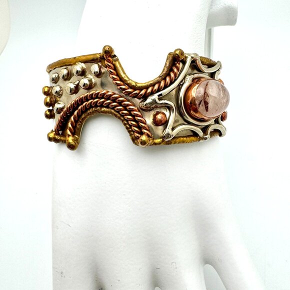 Handcrafted Bronze Copper Zinc Bracelet Genuine Rose Quartz Adjustable - Picture 2 of 14